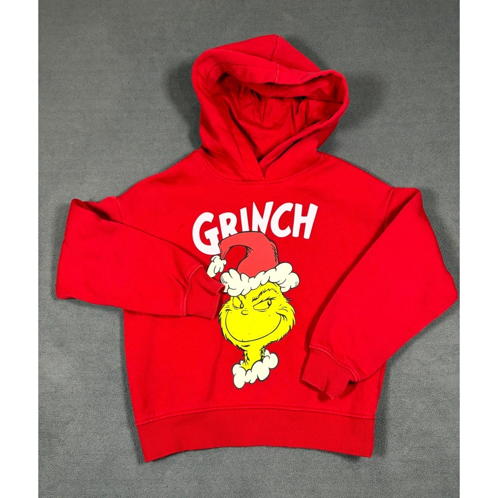 H&M Motif Detail Hoodie Unisex Kids 8/10 Red Cotton Fleece Oversized The Grinch